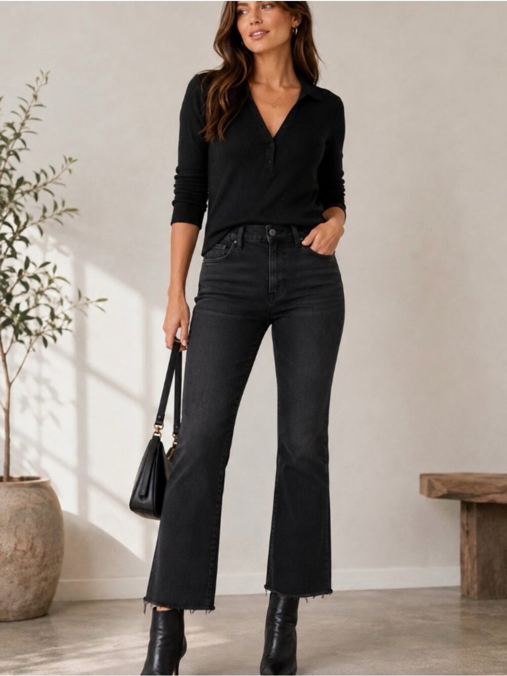 Wit & Wisdom Bennett High Rise Cropped Barely Boot Jeans Black Raw Hem Size 8